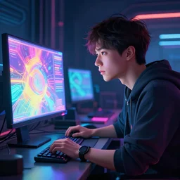 the portrait of a man staring at a glowing meaningful mulicolored monitor on a desk in a futuristic computerworkroom, young idol, an ultrafine hyperdetailed illustration by kim jung gi, irakli nadar, fluorescent colors, octopath traveler, unreal engine 5 highly rendered, global illumination, radiant light, intricate environment, 8 k