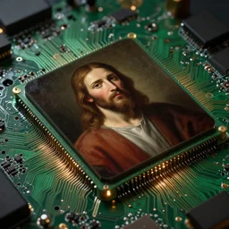 jesus christ on motherboard chip circuit, baroque portrait painting, detailed octane render trending on artstation artgerm, 8 k artistic photography, volumetric cinematic perfect light, chiaroscuro, masterpiece, raphael, caravaggio, beksinski, rutkowski, giger