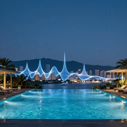 Resort pool during midnight, with the mountains and futurisitc city in the background, syntwave art,
