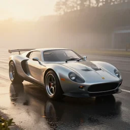 parked retro futuristic vintage polished sports car, fog, rain, volumetric lighting, beautiful, golden hour, sharp focus, photorealistic, highly detailed, cgsociety