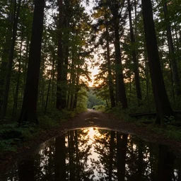 calm peaceful forest during sunset, 8k hd, light reflection, relaxing, alone, first person