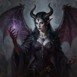 dark elf sorceress who is summoning a demon in the style of warhammer fantasy : : head and torso oil painting