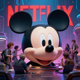 a group of people repairing the head of mickey mouse!!!!!!!, netflix logo on the background!!!!!!!!!!!, cyberpunk art by eddie mendoza, cgsociety, retrofuturism, dystopian art, concept art