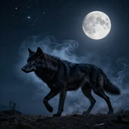 black wolf made of smoke going into the night, sky full of stars and a full moon, dramatic, in the style of ben jeffery