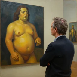an art critic looking disapprovingly at AI generted art, award-winning painting by fernando botero
