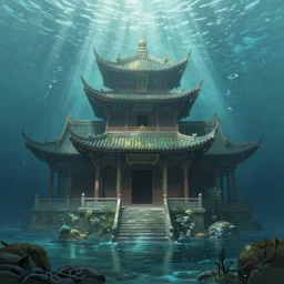 A beautiful painting of an ancient underwater Chinese building at the bottom of the lake, rays of sunight illuminating from the top, highly detailed, digital painting, artstation, concept art, smooth, sharp focus ilustration, Artstation HQ by Alfons Maria Mucha and Julie Dillon and Makoto Shinkai
