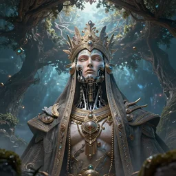 highly lifelike handsome divine tribal high king with regalia adornments in a tree wide rayshade hdr whole infinite capsule apparent with awe an idea seep's into infinity, face mechanical fantasy intricate elegant, in void of latent space, volumetric lighting 3 d modelling