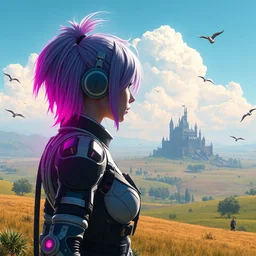 digital art ; wallpaper artwork of a cyberpunk girl with neon hair and space suit looking out into a fantasy landscape with birds grazing, sunny day, minimal cloud cover, rolling plains ; castle in background ; witcher 3 render video game