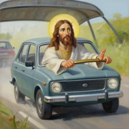 painting of jesus christ driving a car