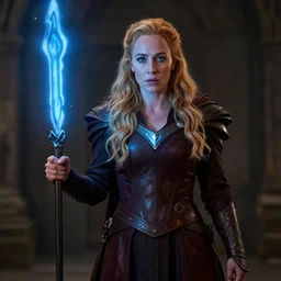 Gillian Anderson as a lighting powered war mage, realistic, detailed, 4k