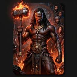 african god shango, fire hammer, dim light, front game card, marvel comics, dark, intricate, highly detailed, smooth, artstation, digital illustration by ruan jia and mandy jurgens and artgerm and wayne barlowe and greg rutkowski and zdislaw beksinski.
