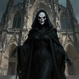 A beautiful digital painting of a Grim Reapper, ancient catedral behind her, intricate, cinematic lighting, highly detailed, digital painting, Artstation, concept art, smooth, sharp focus, illustration, art by Tom Bagshaw, Artgerm and Greg Rutkowski