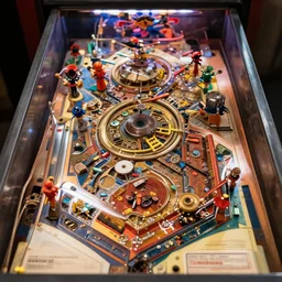 photo, movie still playfield of varied muck jeweled, filthy rugated armored pinball game, eye theme, dinosaur cyborg theme, by geof darrow, bisley, b wolverton & by jack gaughan high resolution, hyper detailed, cinematic, ornate masterpiece, torch light shot on imax with full frame on signature prime lens