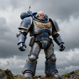 british uk space marines armor design, high detailed, photography, cloudy, uk, plain, detailed face, look into the distance, serious face, full body, professional photographer, masterpiece, 5 0 mm, extremely detailed, 8 k, hyperrealism, octane, redshift