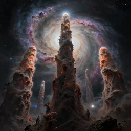 view from bizarre alien planet looking up at pillars of creation nebula, style of Don Maitz