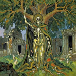 A portrait of the god of trees, vibrant, intricate details, cloak, skeleton, robe, floral, overgrown, ancient, ruins, atmospheric, by Moebius