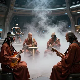 70s  scifi film production still of robot musician tribal monks playing music instruments in a futuristic space-station music studio interior with smoke fog steam, half shot, guitarists