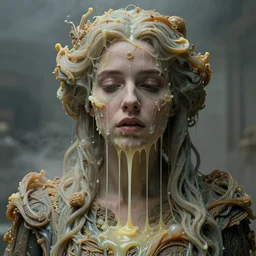 woman melting like wax, high detail, 8k, ornate, masterpiece, complex, haze, film still from the movie directed by Denis Villeneuve with art direction by Pablo Picasso and Greg rutkowski, Alex Gray