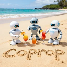 three robots at a beach in hawaii. locoprop is written in sand. robots are drinking cocktails