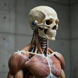 cinematic photo of a mechanized geometric laterally expansive human cranium, exosquelotenized spinal cord, robotized muscular transmision, neck muscles, back muscles, arms muscles, head, exosqueletonized nervous system with hydraulics, inside a concrete room, cinematic photo