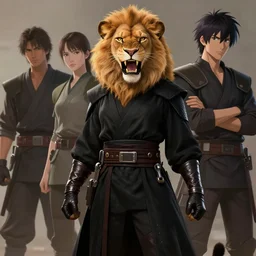 beautiful portrait of a snarling female anthropomorphic lioness fursona wearing black jedi robes. leather gloves. leather boots. character design by charlie bowater, ross tran, artgerm, and makoto shinkai, detailed, soft lighting, rendered in octane