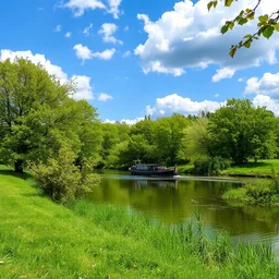 spring summer landscape blue sky clouds narew river boat green trees countryside grass poland water leaves