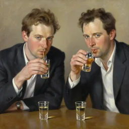 portrait of tom atkins and donald pleasents drinking tequila shots, an oil painting by ross tran and thomas kincade