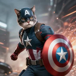 cat as captain america, dynamic lighting, cinematic, ultra detailed, trending on art station, stunning visuals, creative, fantasy concept art