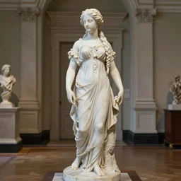 a beautiful, smooth marble statue masterpiece of a daughter of the moon clan, with long, braided hair. standing in an old museum. full body photo. highly detailed, sharpness. victorian dress. hyper realistic.