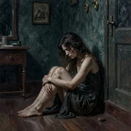 lonely woman, creepy room, extreme fine detail background, night, highly detailed, high quality, digital painting, hyperrealistic, by bill henson