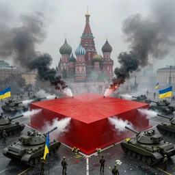 A beautiful shot of red square in Moscow with military tanks shooting flowers surrounded by soldiers all around the scene holding Ukraine flags, scattered black smoke, foggy and moody, hazy atmosphere, high detail, dystopian, dark, octane render, trending on artstation, realistic, shot on 50mm lens, cinematic look