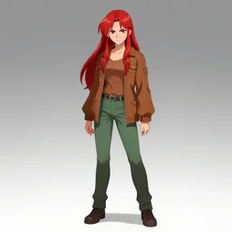 full-body shot of an attractive tomboy girl with long, crimson red hair and red eyes, wearing a brown, open jacket and green jeans with a stern look, concept art, character design, by WLOP, by Ross Draws, by Tomine, by Satoshi Kon, by Rolf Armstrong, by Peter Andrew Jones