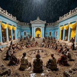 pov in a crowd of medieval troubadour in ancient neoclassical buildings, light blue troglodyte temples with yellow drapery in a deep flesh pit by piranesi, cinestill 8 0 0 t 3 5 mm, high quality, mud, rain, by night, ultra wide lens, anamorphic, dramatic light