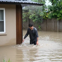 “ a man in a house getting flooded with water”