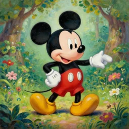 mickey mouse entering the garden of eden, oil painting, masterpiece
