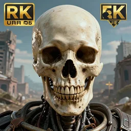 terminator skull, destroyed town on background, fantasy artwork, very beautiful scenery, hd, hdr, ue 5, ue 6, unreal engine 5, cinematic 4 k wallpaper, 8 k, ultra detailed, by popular digital, details, beautiful image ever created, high resolution, artstation, award winning, detailed body, details face, realistic body proportions