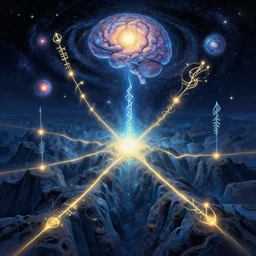 void manifold, timeline nexus, ascending universes, shining nordic runes, galaxy brain, meth dmt intellect, an illustration of philosophical concept by cgsociety and james gurney
