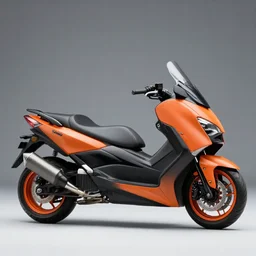 photo of a yamaha tmax and ktm 4 5 0 sx concept scooter, slick rims, orange black matte paintjob, chrome double exhaust tips, studio light, 8 5 mm, f / 1. 3