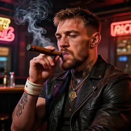 a intricately detailed portrait of conor mcgregor smoking a cigar in an irish pub with a neon bar, trending on art station, in the style of the movie heat, volumetric lighting & shadows, hyper detailed, digital art, unreal engine, 4 0 0 mm f 1. 8,