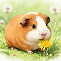 guinea pig eating dandelions. watercolor by award - winning mangaka, sparkles, relaxed mood, depth of field, macro photography.
