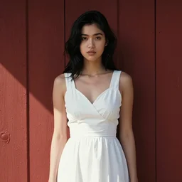 a beautiful young woman in the shade of a red barn!. black hair, white!! dress!, sharp focus, digital art by eddie mendoza, cinematic lighting, intricate detail