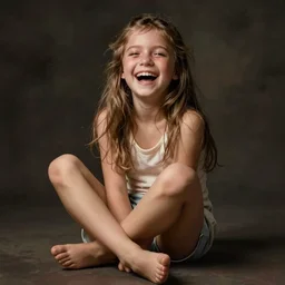 a barefoot coed girl laughing with tears
