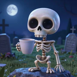 a funny skeleton character with big eyes holding a cup of coffee on a cemetery at night. pixar disney 4 k 3 d render movie oscar winning trending on artstation and behance. ratatouille style.