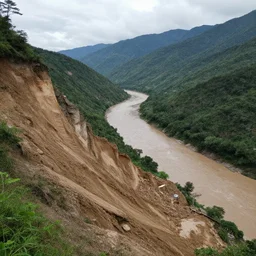 highly detailed photo of an mudslide on the side of a mountain, cloudy day, large river, forests covers all over the valley