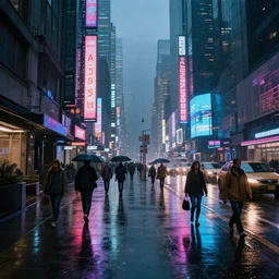 professional photograph of a bustling neon dystopian city, rainy sidewalks, high quality, highly detailed, HD, 8K