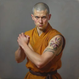 A detailed matte oil on canvas painting of a young white male martial artist monk, orchid arm tattoos  by greg rutkowski, trending on artstationhd,  dungeons and dragons art