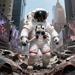 greg rutkowski style!!! american white spacesuit chubby astronaut in giant postapocalyptic abandoned destroyed times square, wrecked buildings, destroyed flipped wrecked cars