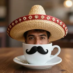 cup of coffee with a mustache wearing a sombrero, portrait view