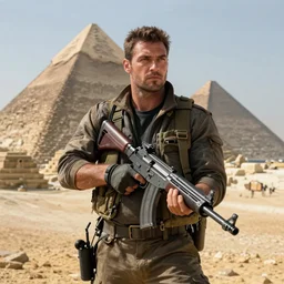 a beefy man with a machine gun, egyptian pyramid in the background, 4 k, sharp focus, real life photo, highly detailed, cinematic, photorealistic, cyberpunk