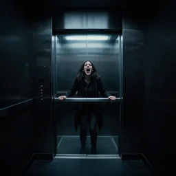 a nightmare isolated in an elevator, alone, surrounded by darkness and screaming for help, digital art